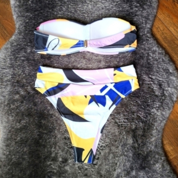New Black Colorful Bandeau Top High Waist Bikini Set Swimsuit Size S - Picture 7 of 7